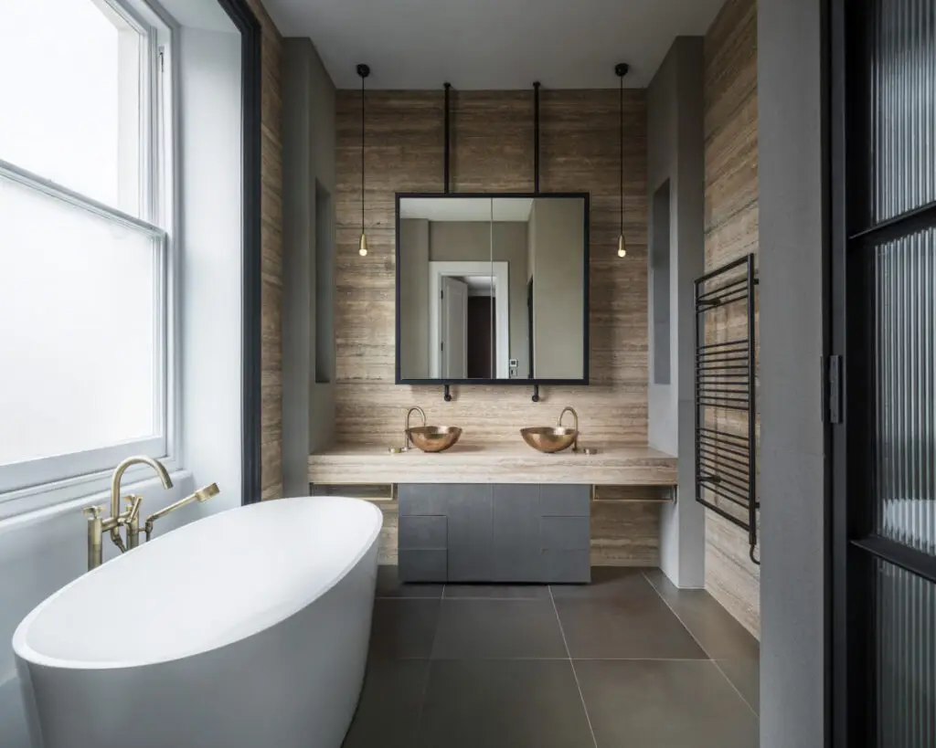 Stylish master ensuite bathroom with space-saving heated towel rack