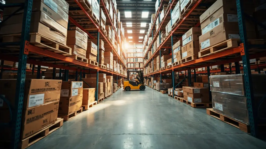 Wholesale warehouse interior with shipping pallets and boxes for heated towel rack inventory distribution