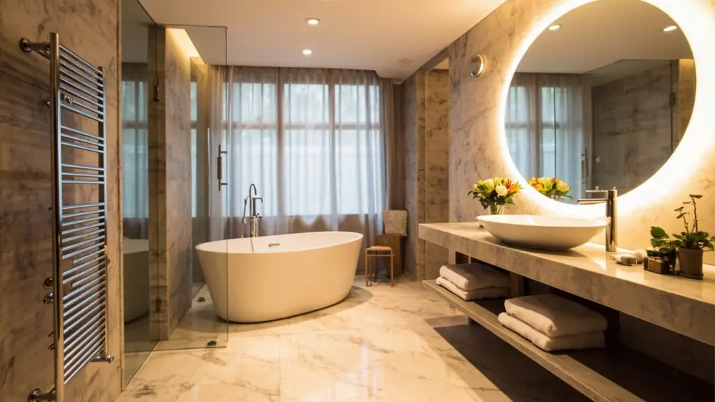 Energy efficient heated towel rack in contemporary bathroom