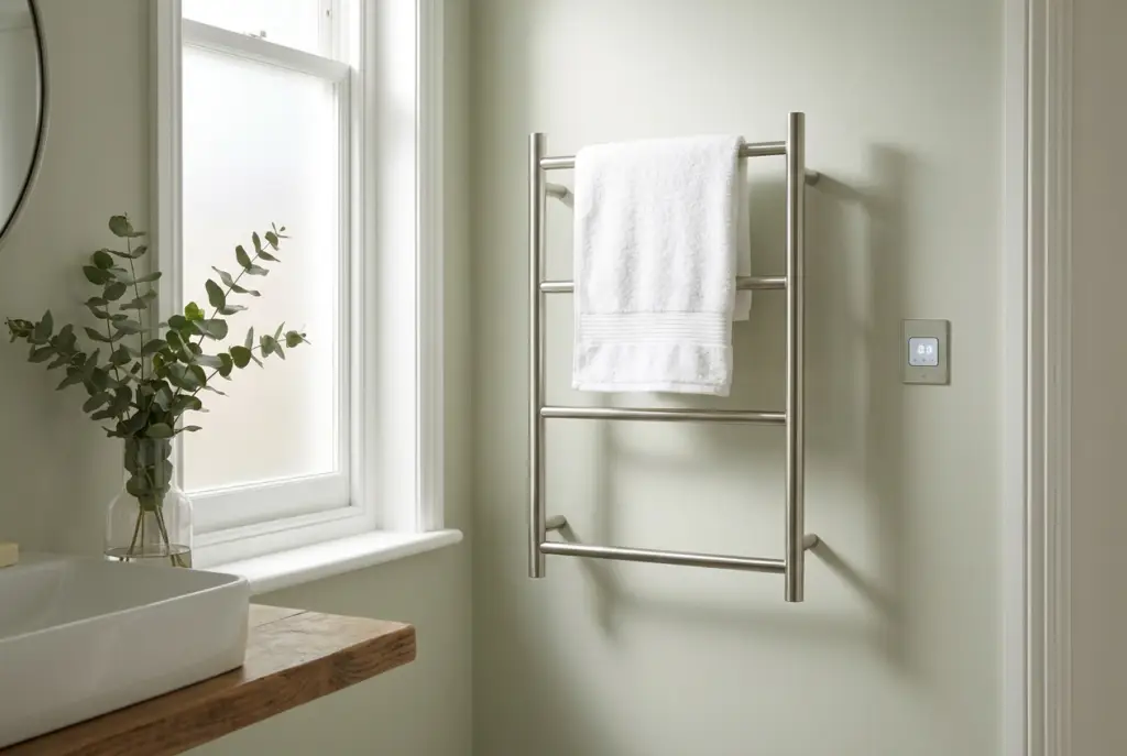 Energy efficient heated towel rail reducing bathroom heating costs