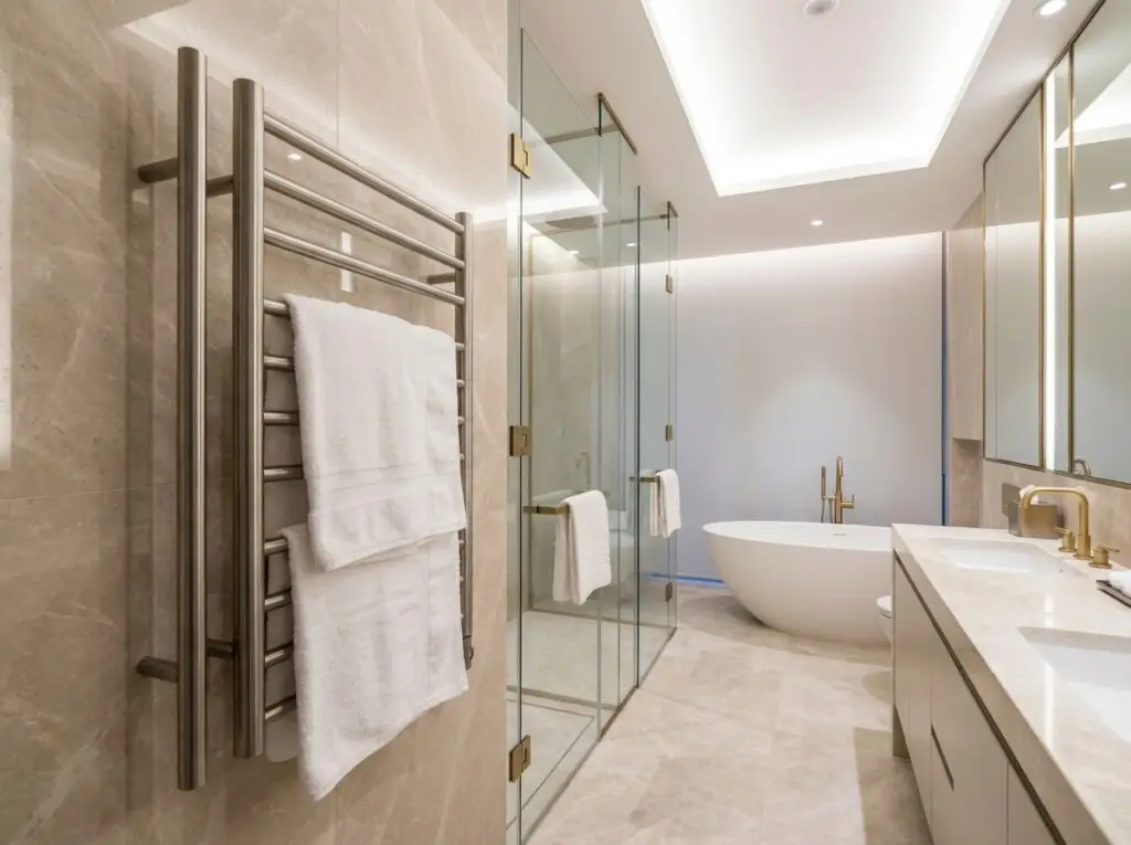 Commercial grade heated towel racks installed in luxury hotel bathroom