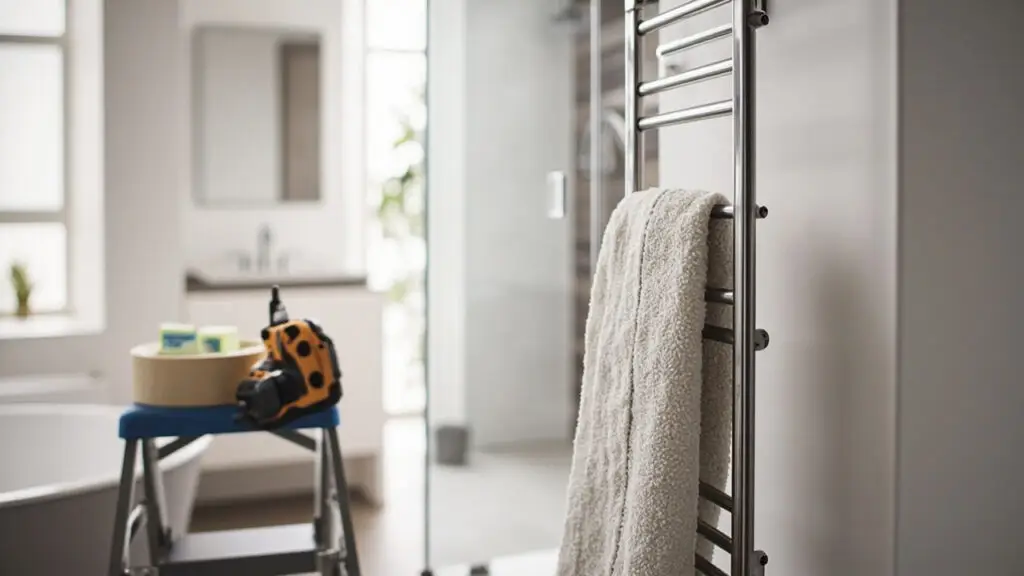 Professional plumber installing heated towel rail in modern bathroom