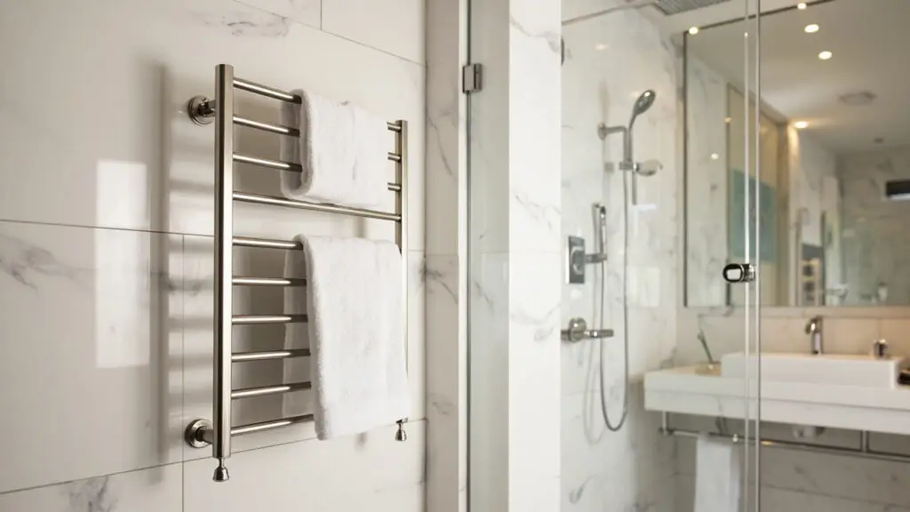Brushed stainless steel heated towel rack with white towels in modern hotel bathroom - electric towel warmer for commercial use