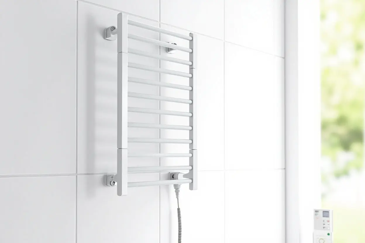 Wall-mounted electric heated towel rack with 5 straight parallel bars in a modern luxury hotel bathroom - Heated Towel Rack and towel warmer for US B2B buyers