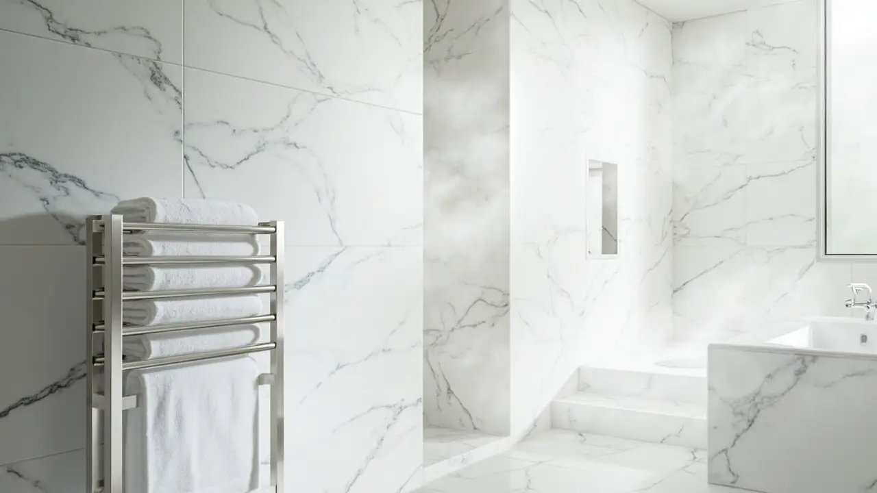 Modern commercial hotel bathroom with visible humidity and condensation on mirror, brushed stainless steel heated towel rack on marble tiles, commercial heated towel rack and towel warmer