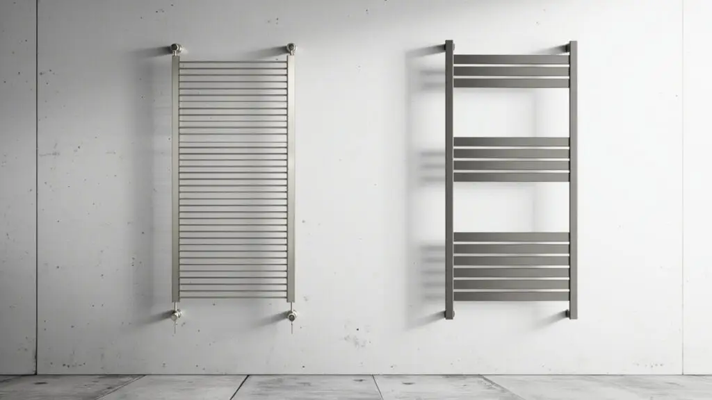 Brushed stainless steel heated towel rack side by side with matte aluminum heated towel rack for commercial comparison, heated towel rack and towel warmer