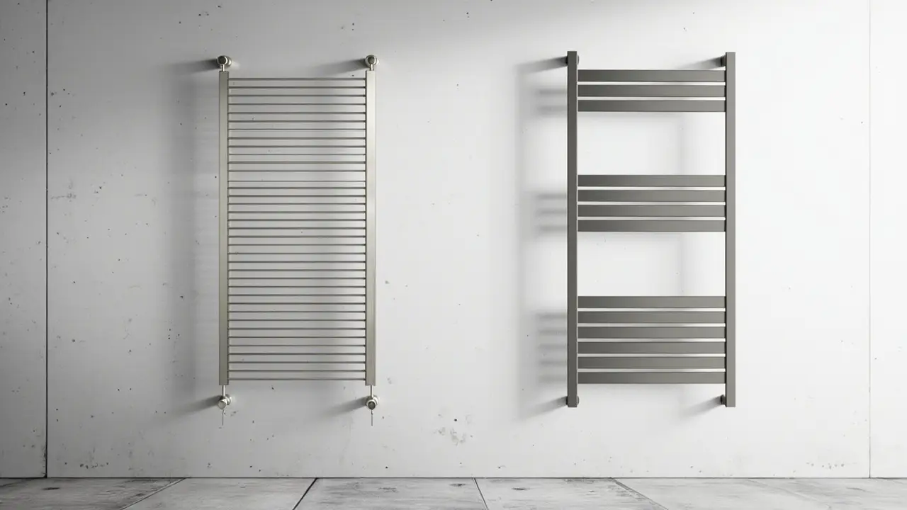 Brushed stainless steel heated towel rack side by side with matte aluminum heated towel rack for commercial comparison, heated towel rack and towel warmer