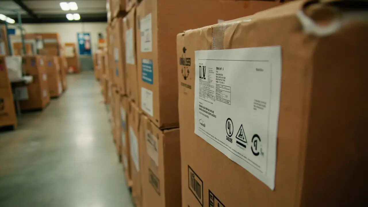 Cardboard shipping boxes with UL and ETL electrical safety certification labels for heated towel rack and towel warmer wholesale import