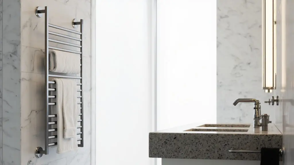 Upscale hotel bathroom with brushed stainless steel heated towel rack on marble tile wall, commercial heated towel rack and towel warmer in luxury setting