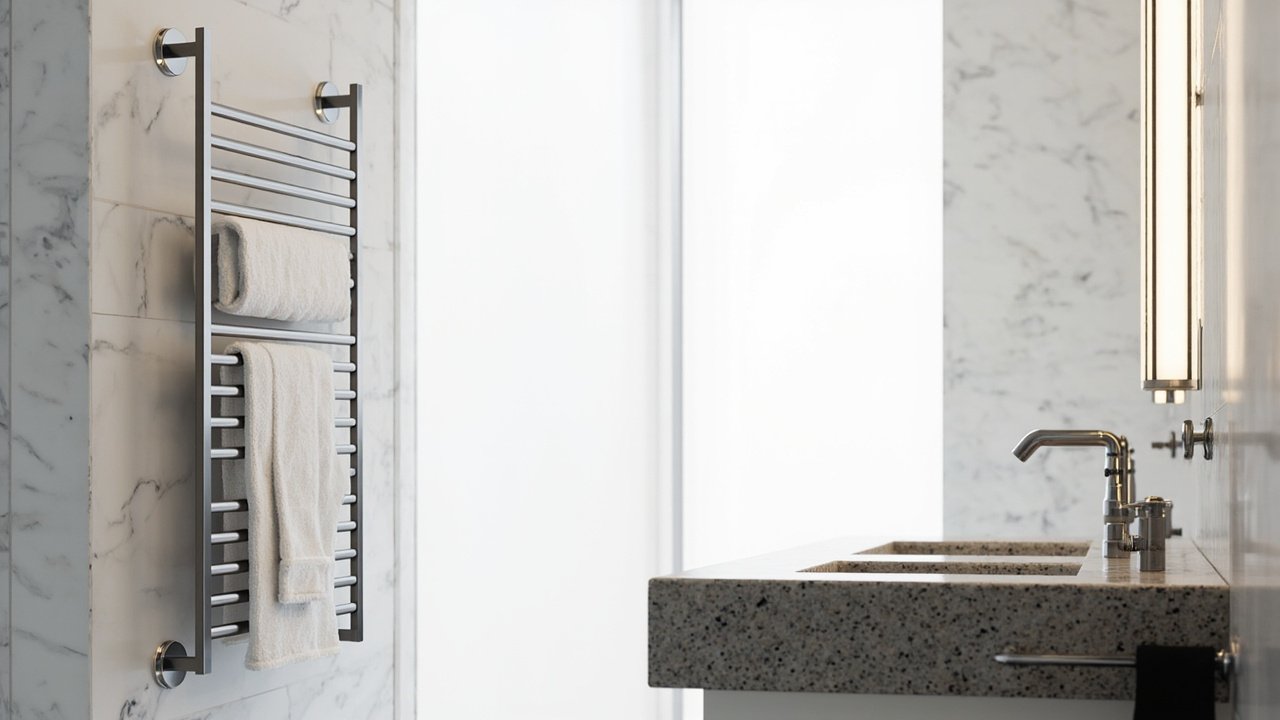 Upscale hotel bathroom with brushed stainless steel heated towel rack on marble tile wall, commercial heated towel rack and towel warmer in luxury setting