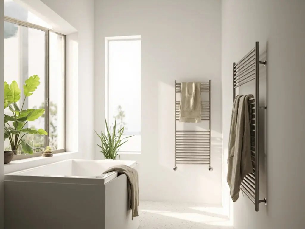 Sustainable bathroom design featuring energy efficient heated towel rail