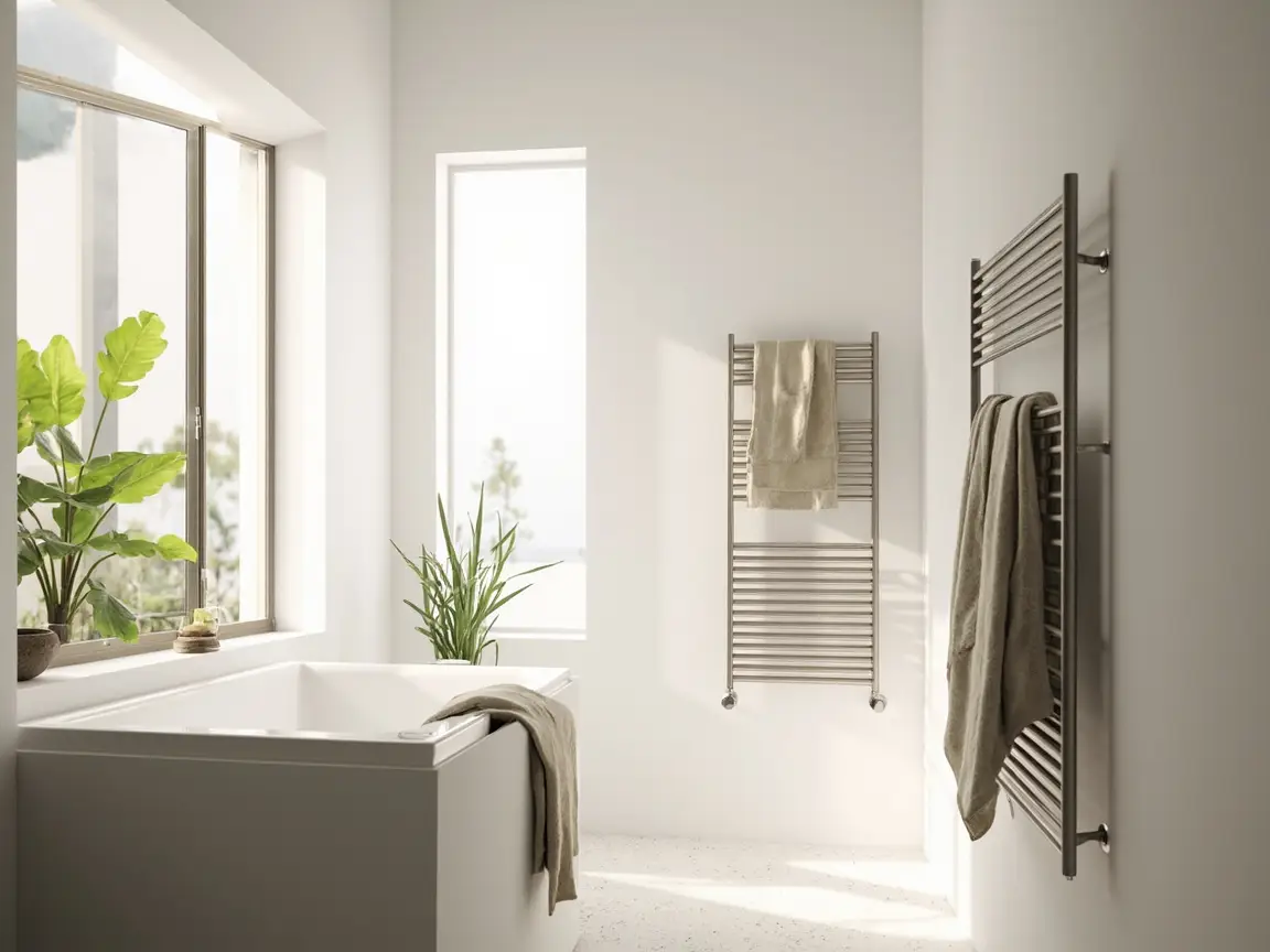 Sustainable bathroom with heated towel rail