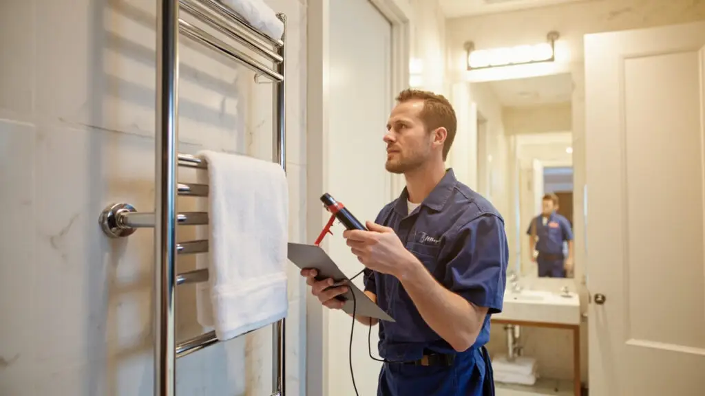 Hotel maintenance technician checking heated towel rack with multimeter in modern bathroom - commercial towel warmer troubleshooting