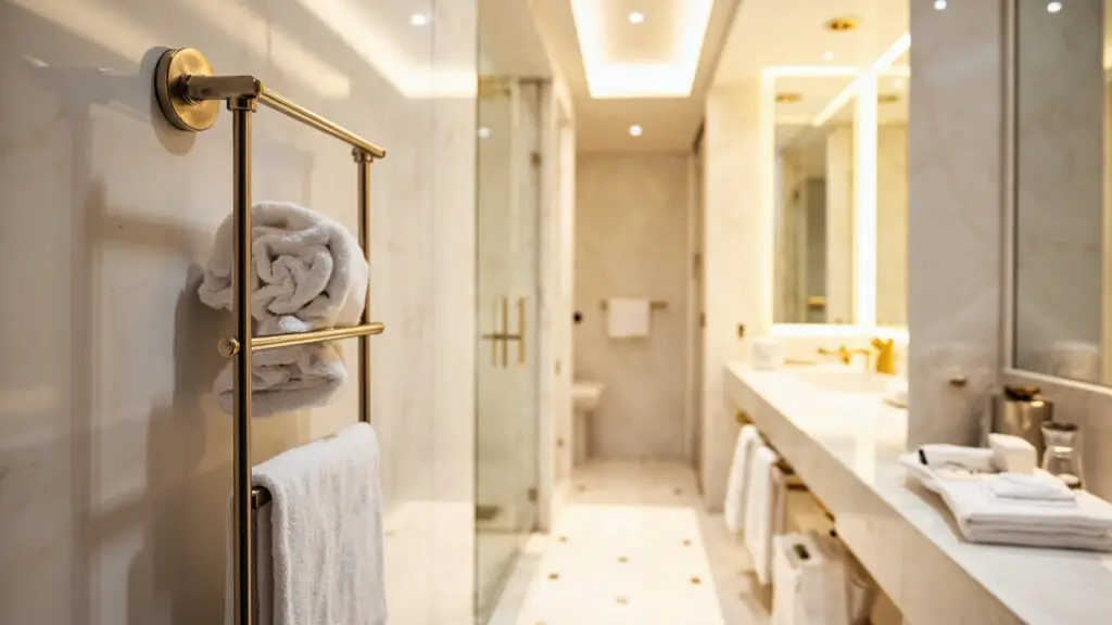 Upscale hotel bathroom with hardwired heated towel rack - plug-in vs hardwired installation guide for hotel renovations