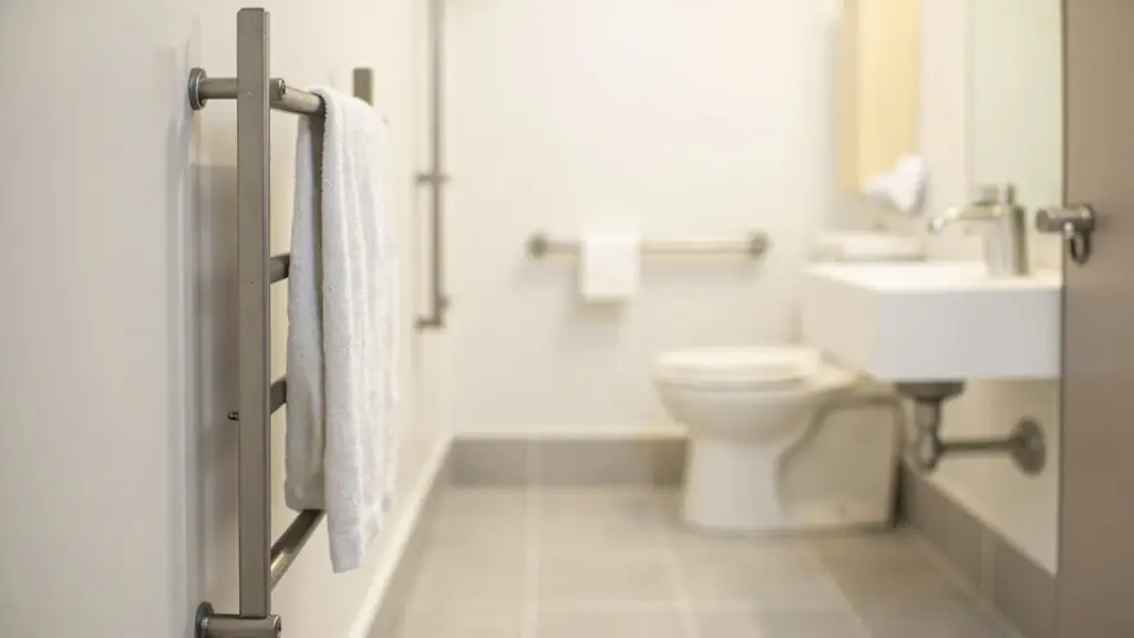 ADA-compliant accessible hotel bathroom with properly mounted heated towel rack at wheelchair-accessible height - commercial bathroom accessibility guide