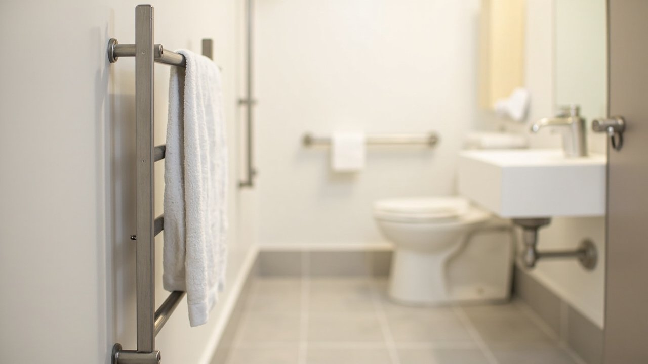 ADA-compliant accessible hotel bathroom with properly mounted heated towel rack at wheelchair-accessible height - commercial bathroom accessibility guide