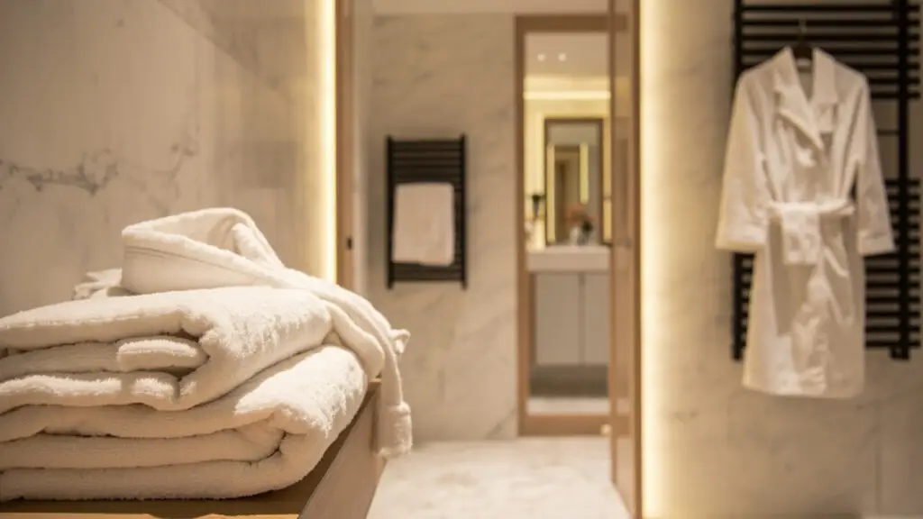 Luxurious spa hotel bathroom with heated towel rack - plush white towels and bathrobe on natural wood shelf in high-end resort setting