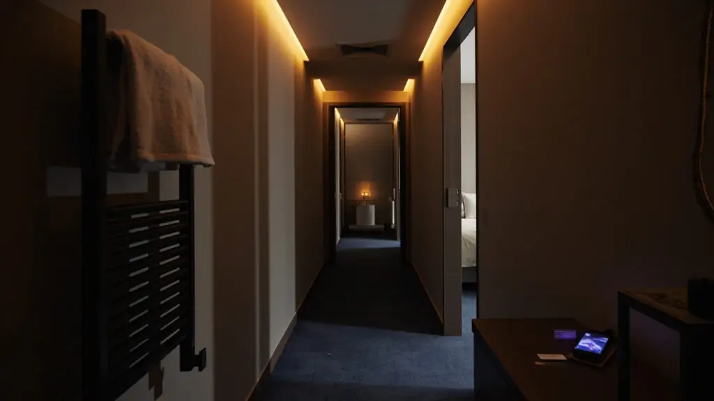 Modern hotel corridor at night with smart heated towel rack visible through open guest room door - Wi-Fi towel warmer in commercial hospitality setting