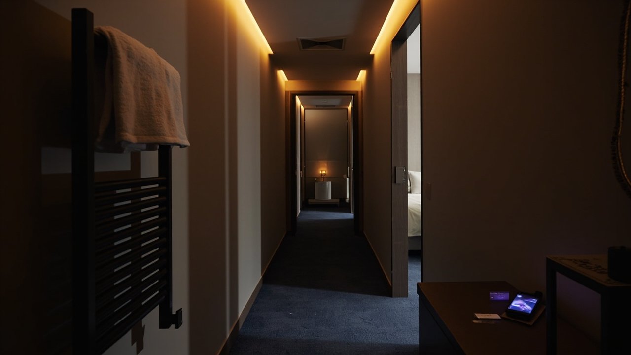 Modern hotel corridor at night with smart heated towel rack visible through open guest room door - Wi-Fi towel warmer in commercial hospitality setting