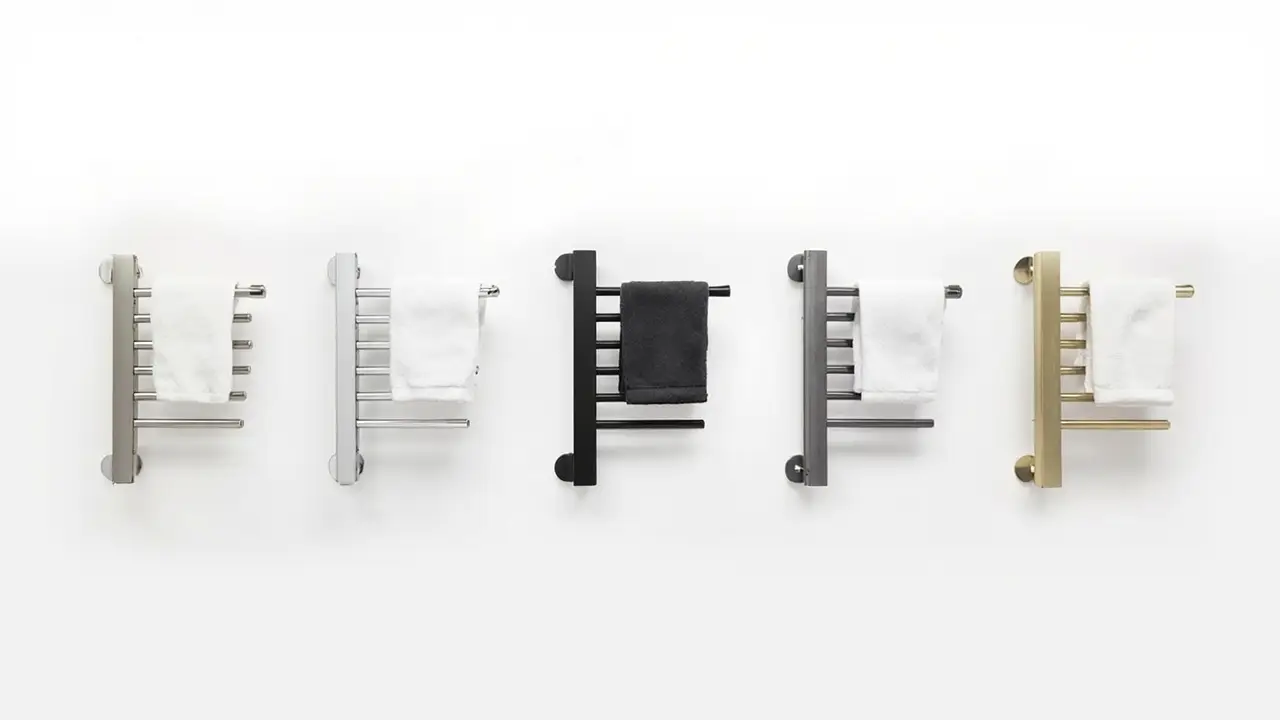 Commercial heated towel rack finish trends 2026 - brushed nickel matte black polished chrome brushed brass and gunmetal finishes for US hotels