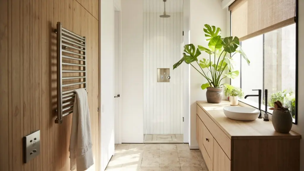 Eco-friendly sustainable hotel bathroom with heated towel rack - natural materials bamboo wood and plants in green hospitality design
