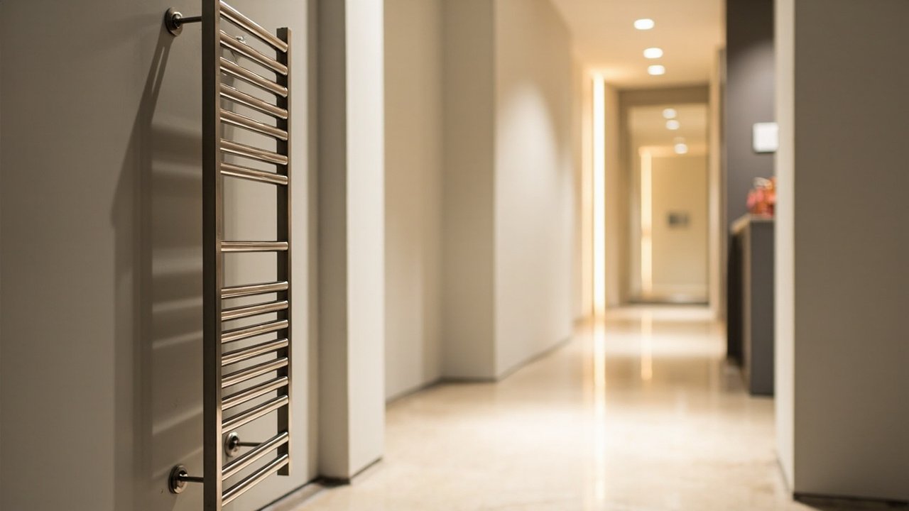 Commercial grade heated towel rack in modern hotel bathroom corridor, brushed steel finish