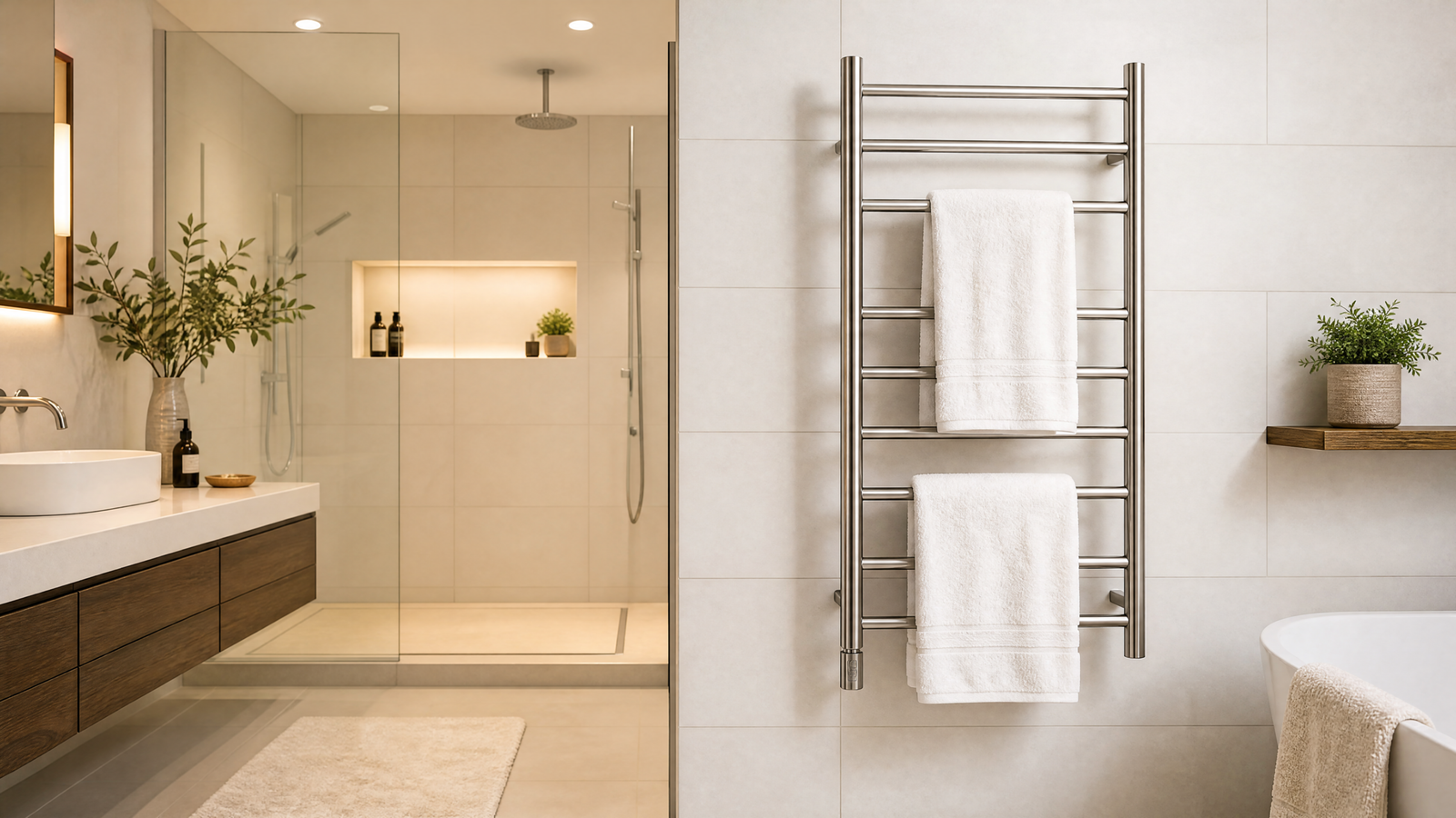 Heated Towel Rack in Modern Bathroom - towel warmer worth it