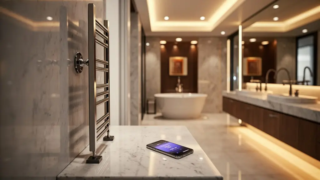 Smart WiFi heated towel rack in modern bathroom with app control