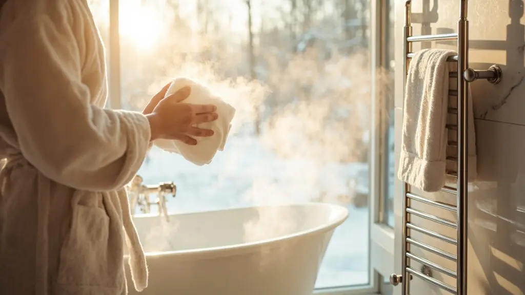 Heated towel rack in winter bathroom with warm towels and snow outside