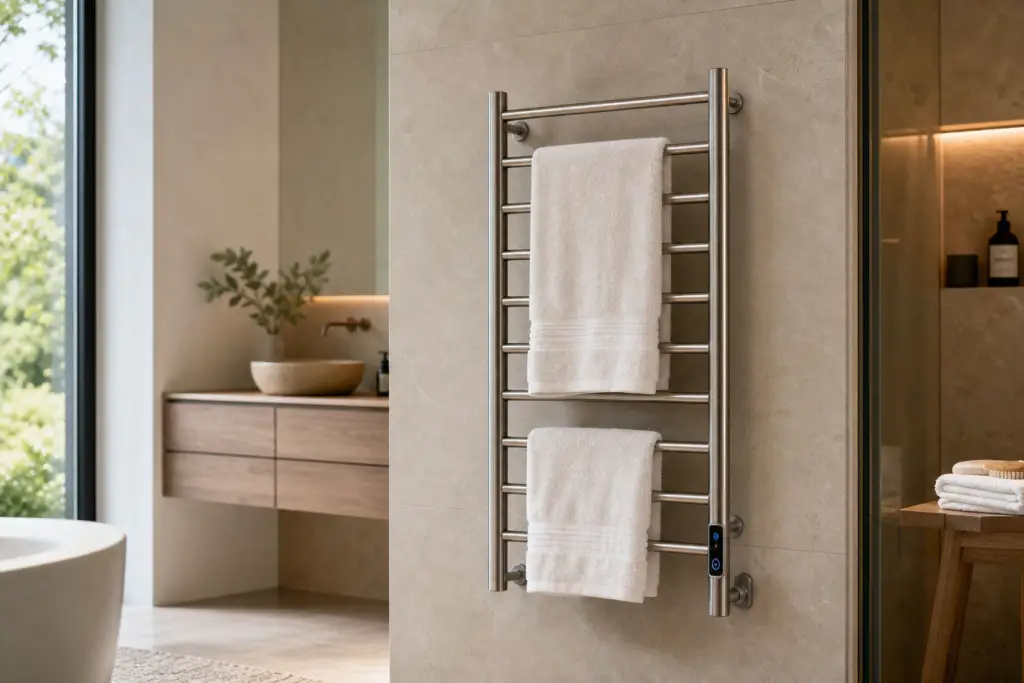 luxury bathroom with electric heated towel rack and warm dry towels