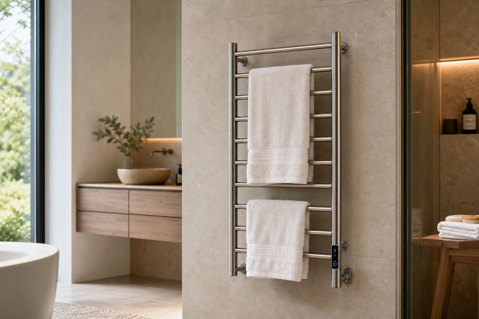 luxury bathroom with electric heated towel rack and warm dry towels