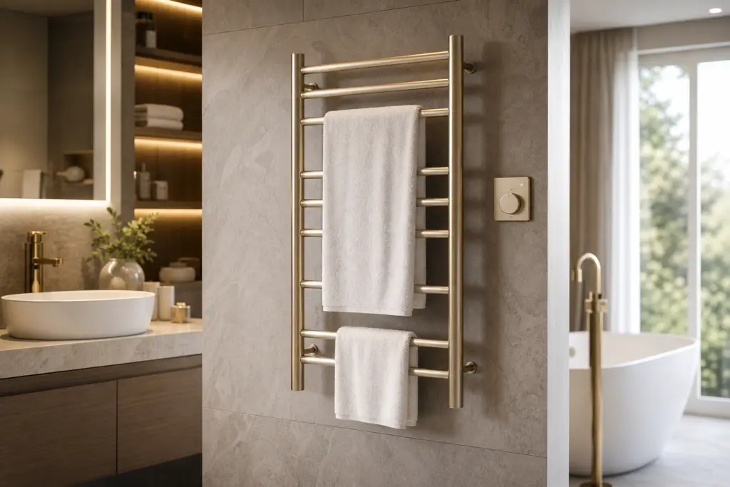 heated towel rack electricity cost calculator with timer in a modern bathroom