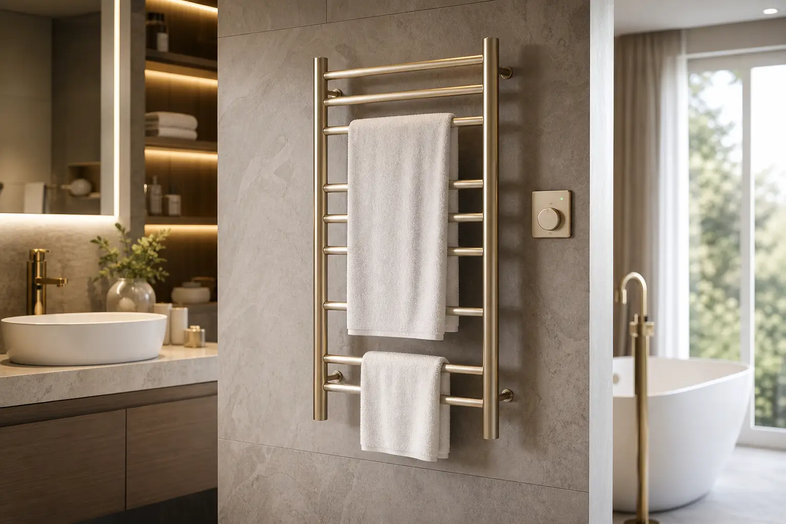 heated towel rack electricity cost calculator with timer in a modern bathroom