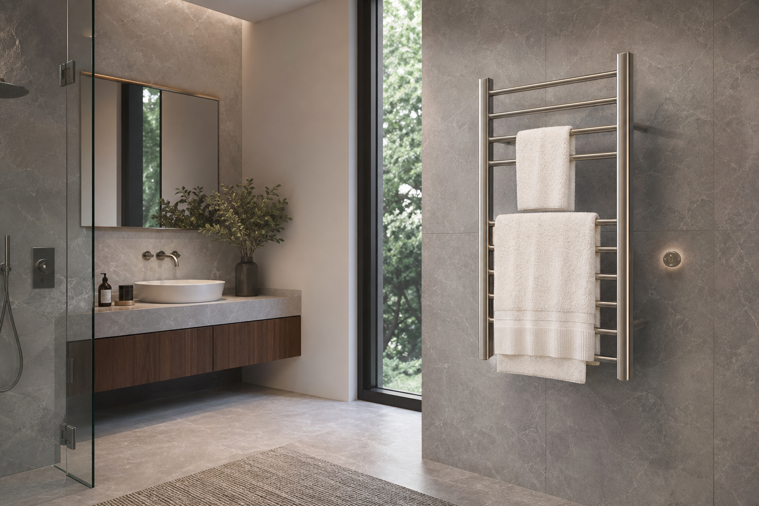 heated towel rail on all the time in a modern bathroom with timer control