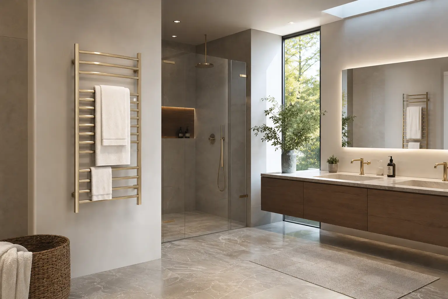 heated towel rack buying checklist in a luxury bathroom showroom