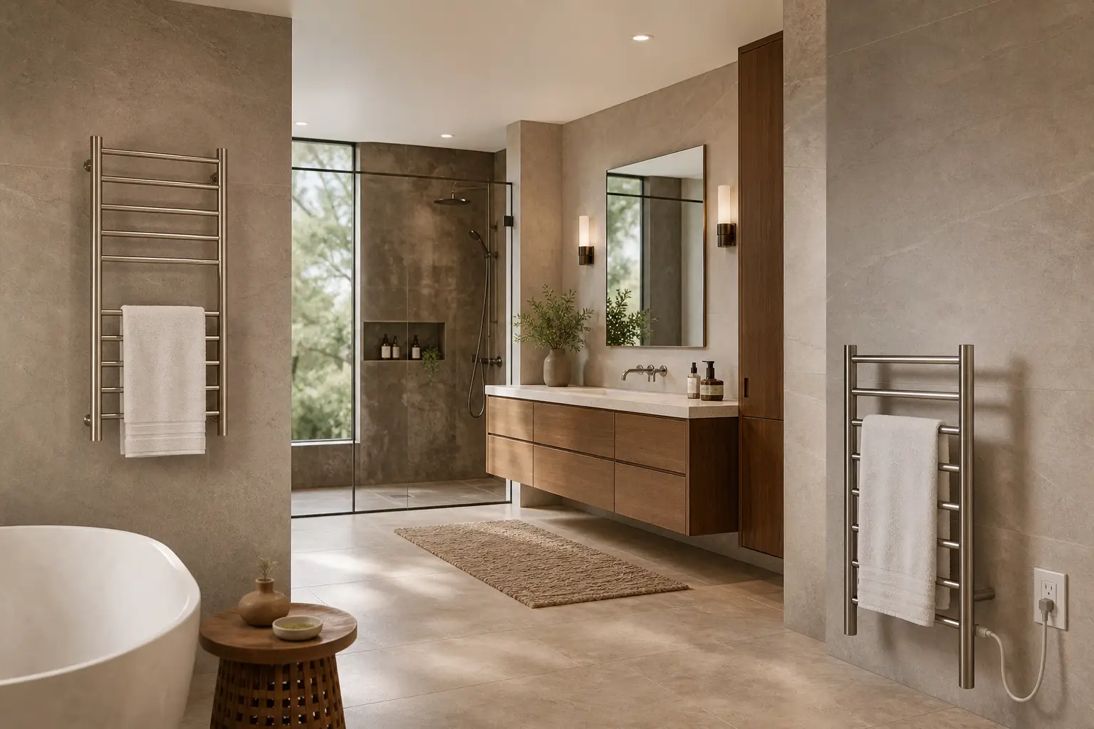 hardwired vs plug-in heated towel racks in a modern bathroom
