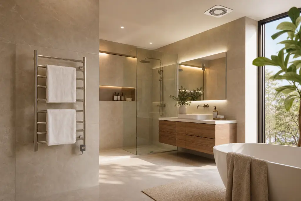 heated towel rack drying towels in a modern bathroom with airflow and ventilation