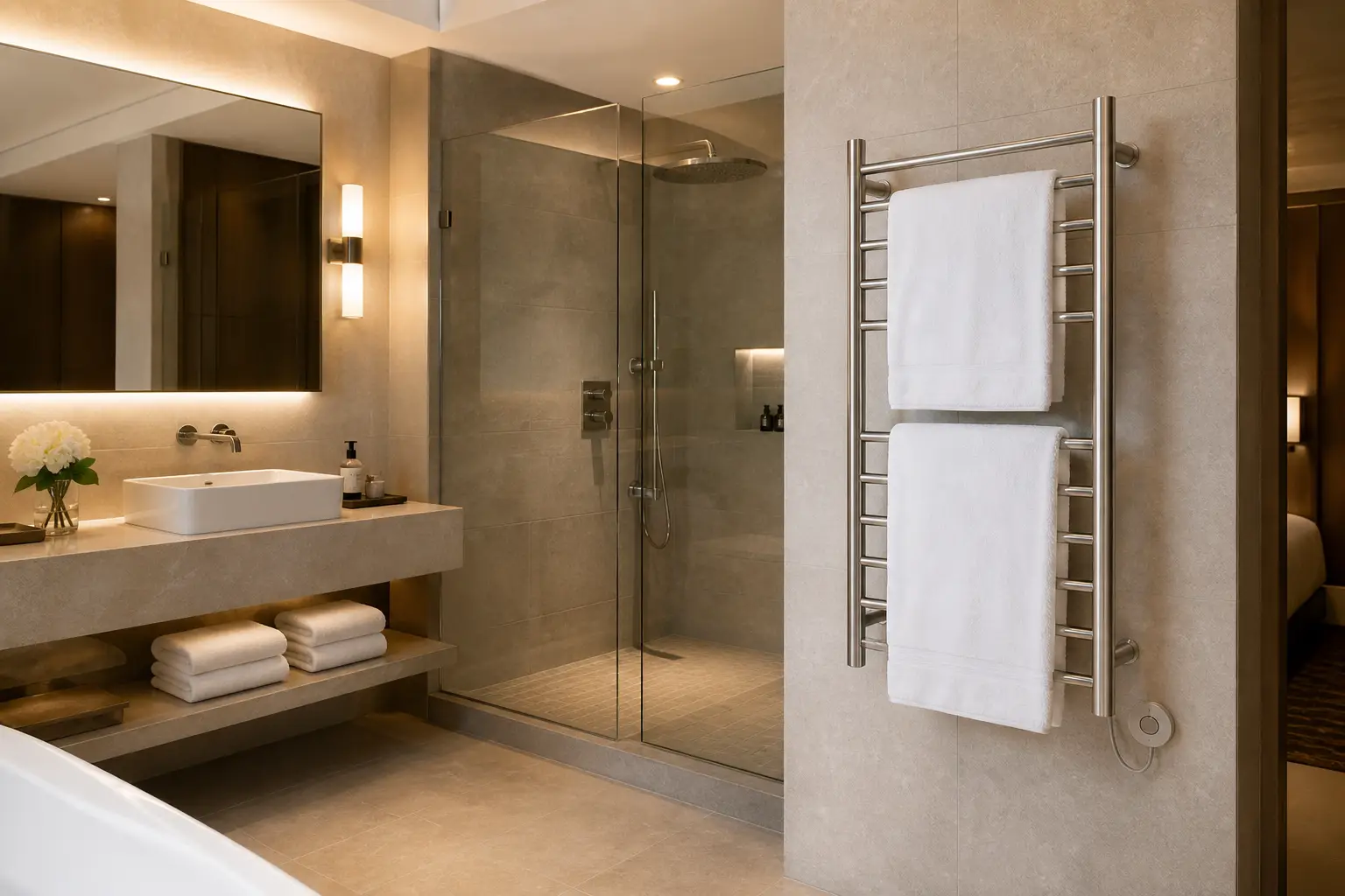 heated towel racks for hotels in a luxury bathroom