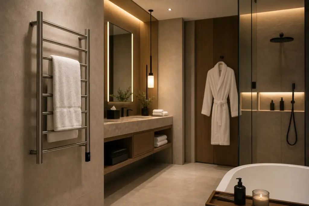 hotel bathroom amenities with heated towel rack for guest comfort