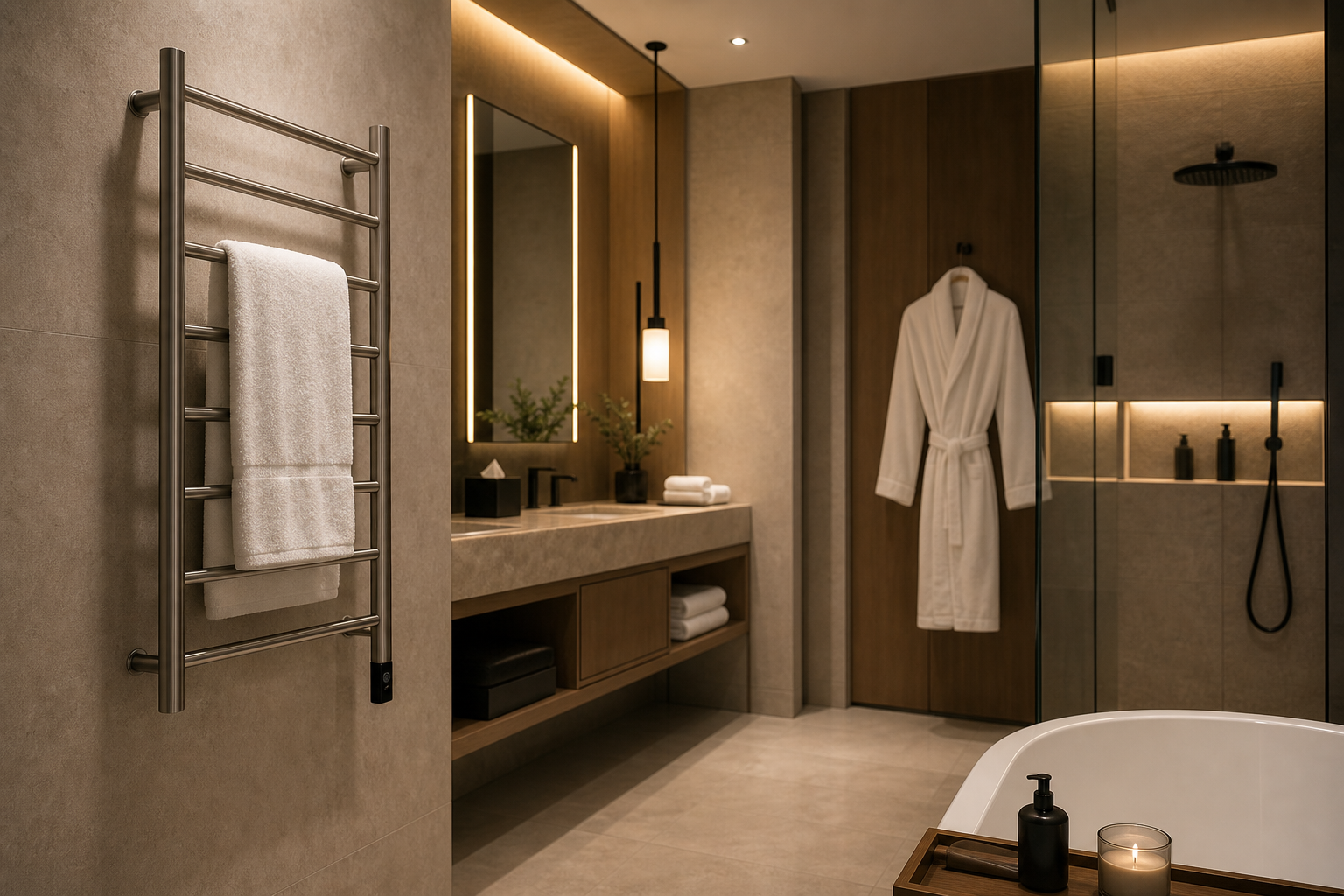 hotel bathroom amenities with heated towel rack for guest comfort