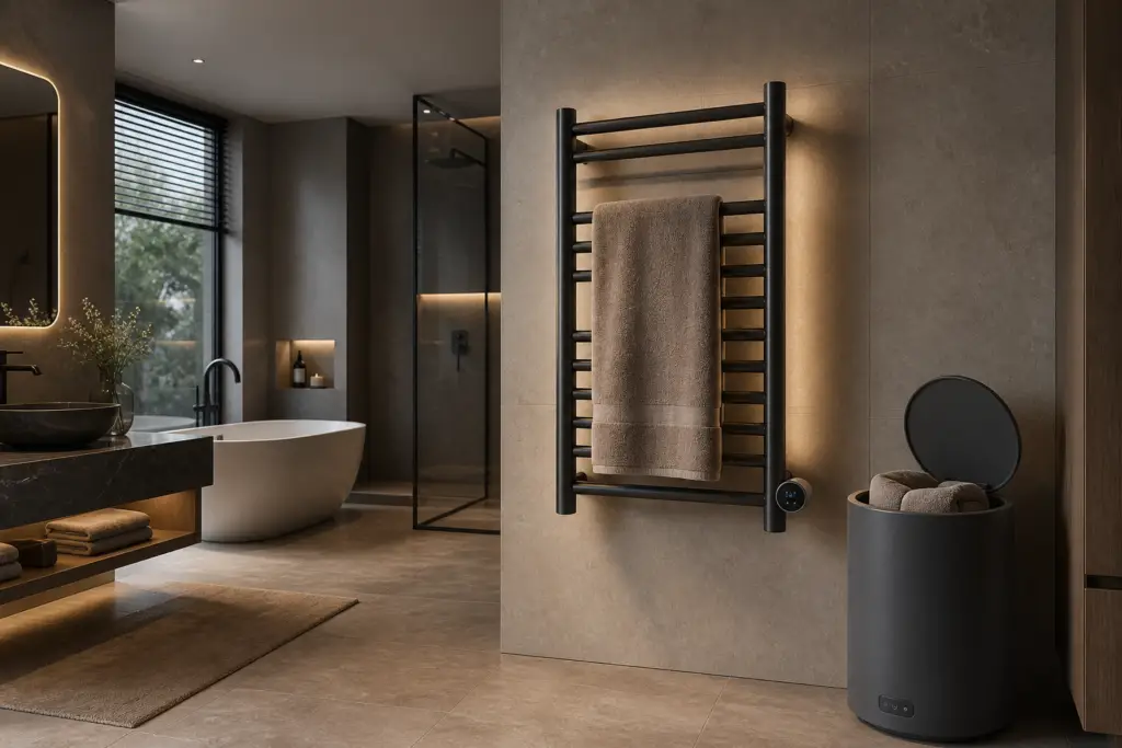 heated towel rack vs towel warmer bucket in a modern bathroom
