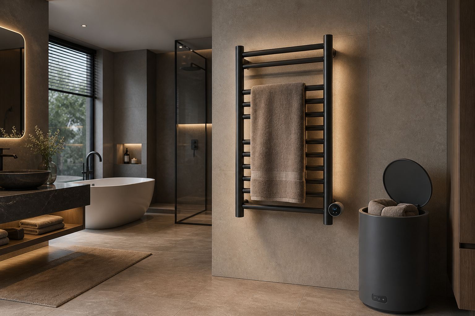 heated towel rack vs towel warmer bucket in a modern bathroom