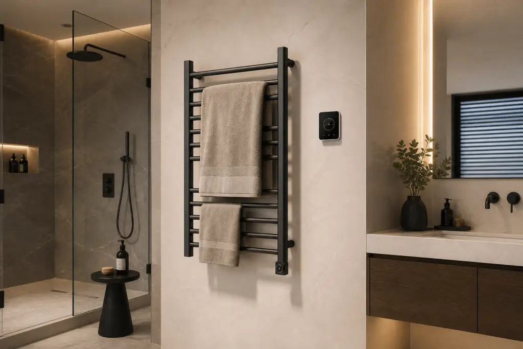 heated towel rack timer smart control in a modern bathroom