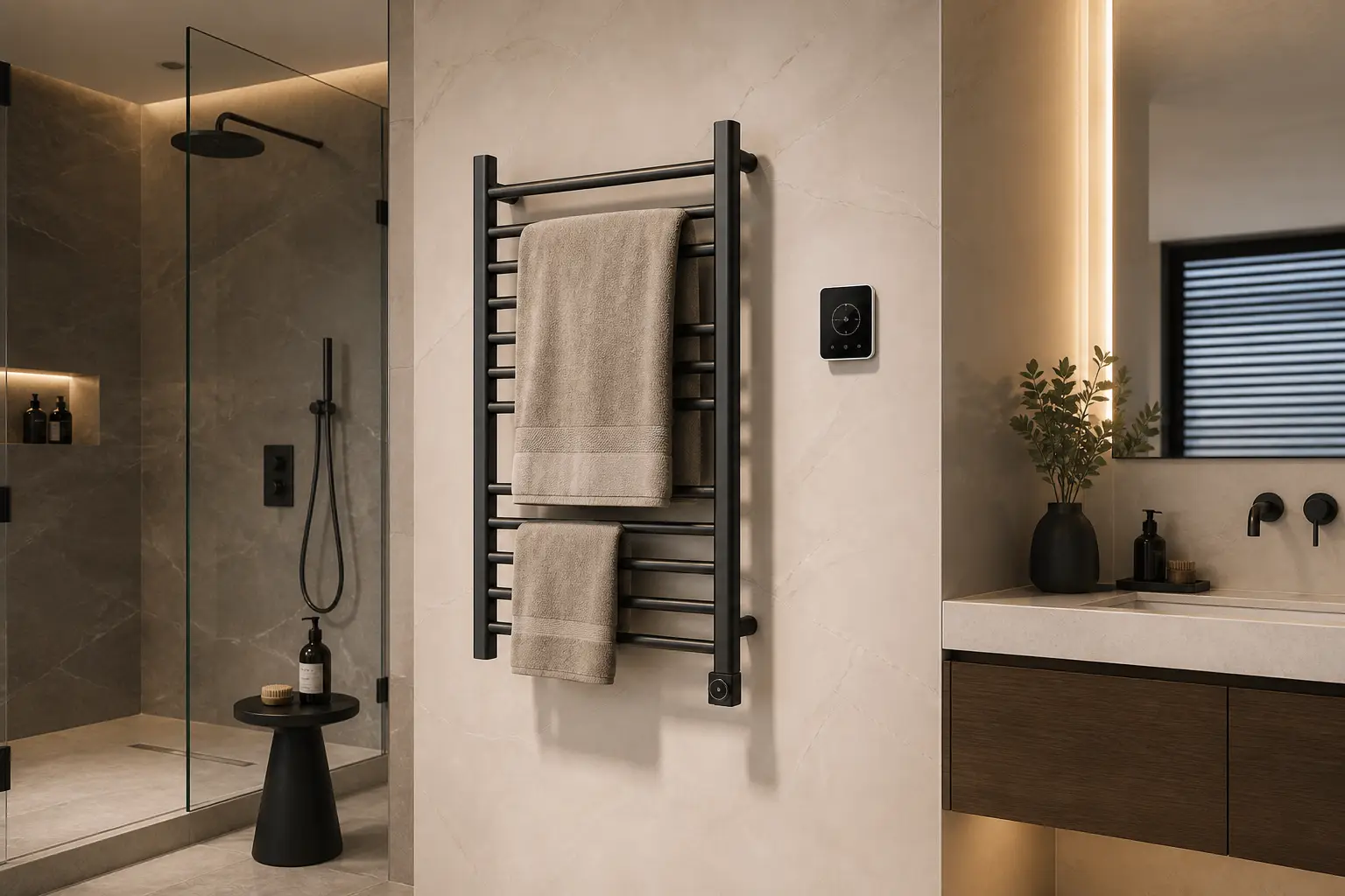 heated towel rack timer smart control in a modern bathroom