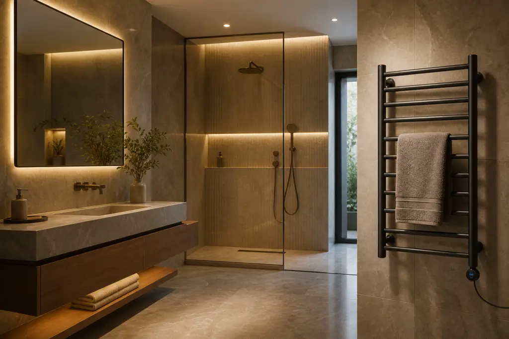 heated towel rack adding warmth in a modern bathroom