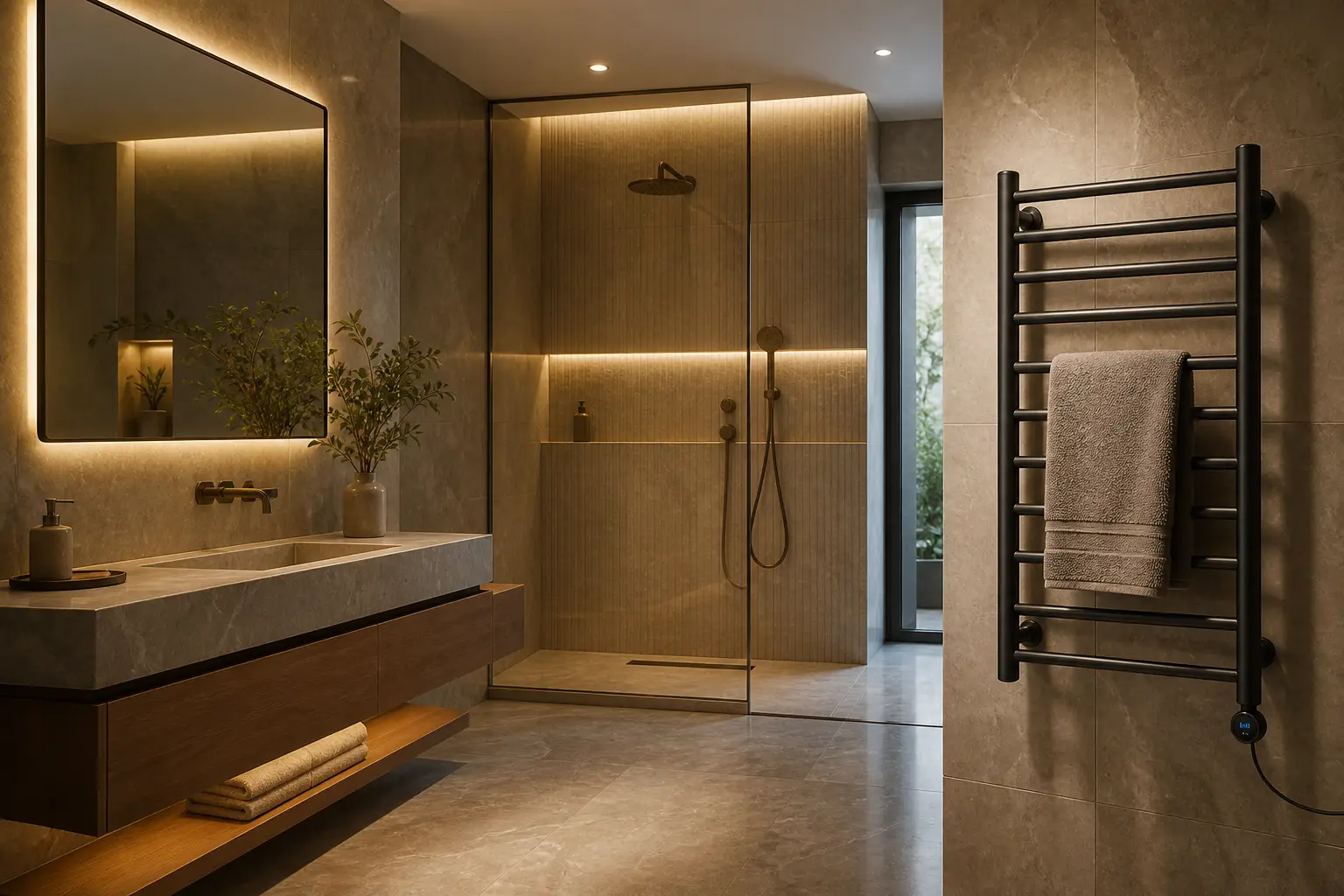 heated towel rack adding warmth in a modern bathroom