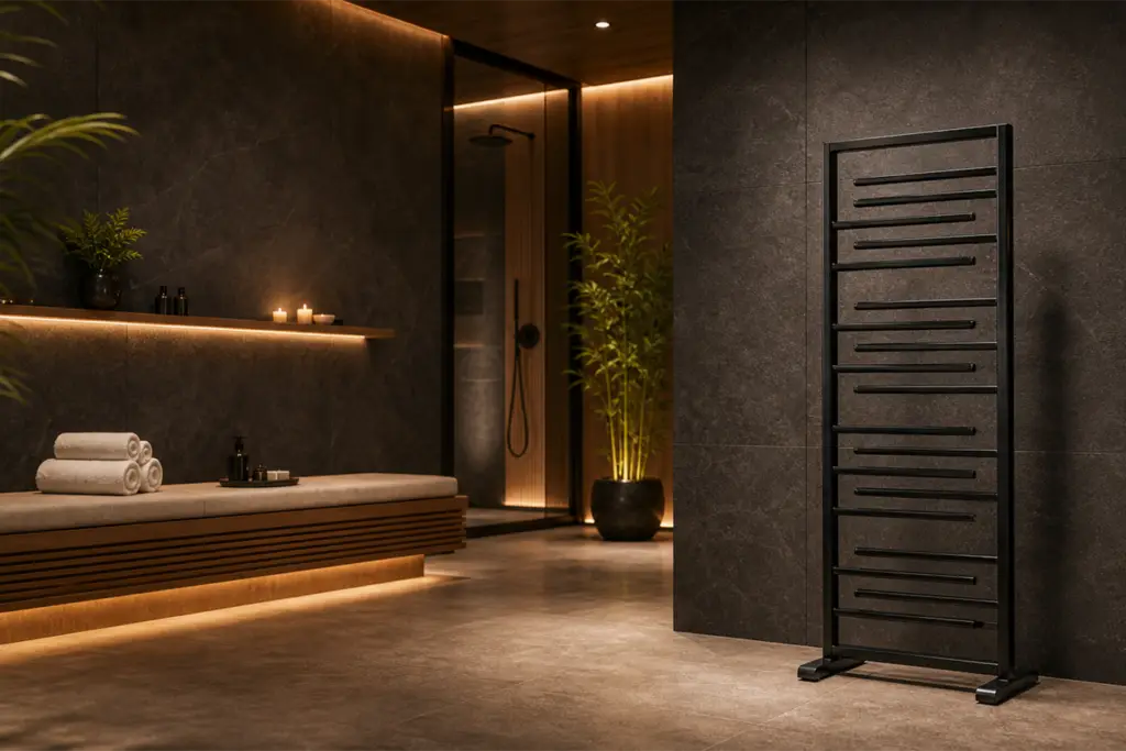 spa bathroom at home with warm towels on a heated towel rack