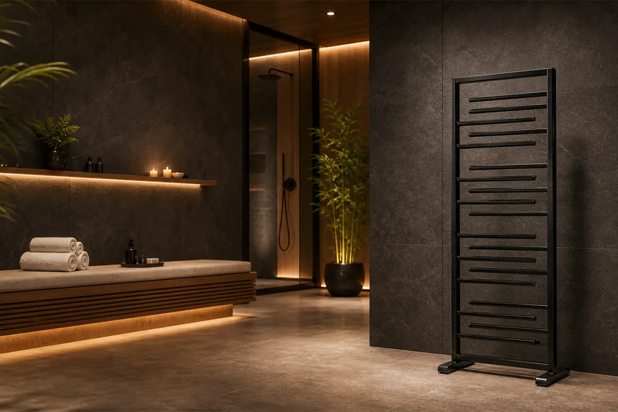 spa bathroom at home with warm towels on a heated towel rack