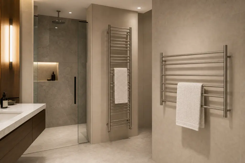 vertical vs horizontal heated towel rails in a modern bathroom