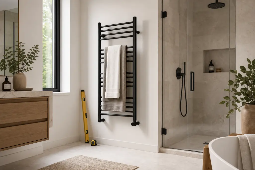 heated towel rack installation height in a modern bathroom